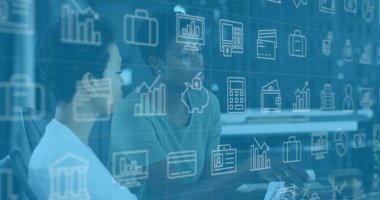 Ofisteki çeşitli iş adamlarının simgeleri. Küresel iş ve dijital arayüz kavramı dijital olarak oluşturulmuş görüntü.