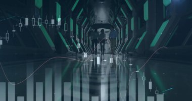 Modern ofiste yürüyen çeşitli iş adamlarının finansal veri işleme görüntüsü. küresel iş, finans, bağlantılar ve dijital arayüz konsepti dijital olarak oluşturulmuş görüntü.