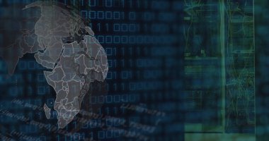 Sunucu odası ve kürede veri işleme görüntüsü. Küresel iş ve dijital arayüz kavramı dijital olarak oluşturulmuş görüntü