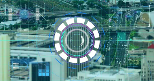 Bild Omfattning Skanning Och Databehandling Över Stadsbilden Bakgrunden Digitalt Gränssnitt — Stockfoto