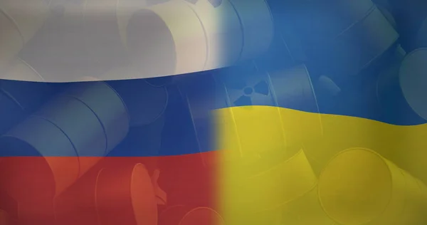 Image Flags Russia Ukraine Nuclear Barrels Ukraine Crisis International Politics — Stock Photo, Image