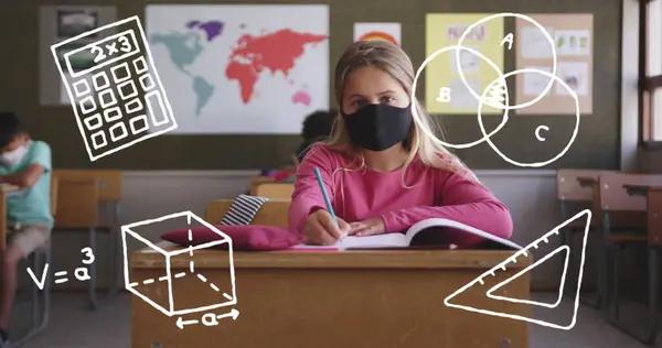 Image of school items icons moving over schoolchildren wearing face masks. education, development and learning concept digitally generated image.