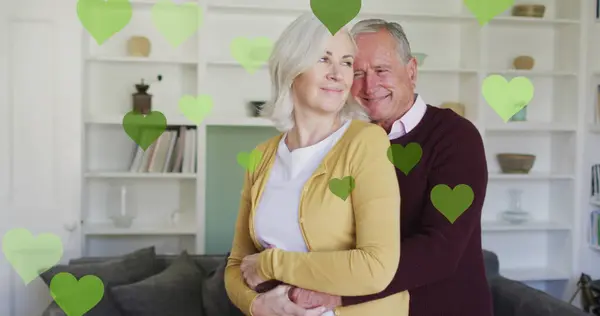 Image Hearts Senior Caucasian Couple Embracing Party Celebration Concept Digitally — Stock Photo, Image