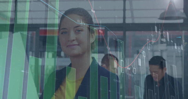 Image of financial data processing over caucasian businesswoman. global business, finances, data processing and digital interface concept digitally generated image.