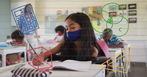 Image of school items icons moving over schoolgirl wearing face mask. education, development and learning concept digitally generated image.