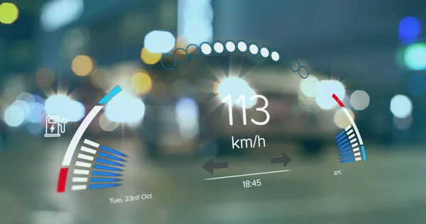 Bild Elbilens Hastighetsmätare Databehandling Över Staden Globalt Koncept För Elbilsresor — Stockfoto