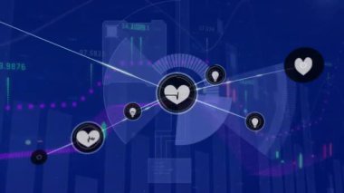 İstatistikler üzerinden simgelerle bağlantı ağının animasyonu. Küresel finans, iş, bağlantılar, hesaplama ve veri işleme kavramı dijital olarak oluşturulmuş video.