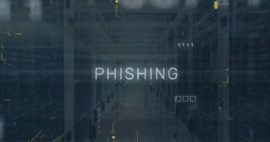 Sunucu odasındaki sahte metinle bağlantı ağının animasyonu. İş, teknoloji ve dijital arayüz kavramı dijital olarak oluşturuldu.