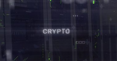 Sunucu odasında bağlantı ve veri işleme ile şifreli metin animasyonu. Teknoloji ve dijital arayüz kavramı dijital olarak oluşturuldu.