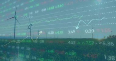 Rüzgar türbinleri üzerinde şema ve borsa animasyonları. Ekoloji ve dijital arayüz kavramı dijital olarak oluşturulmuş video.