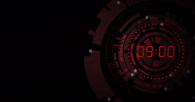 Siyah zemin üzerinde kırmızı dairelerde değişen kırmızı dijital zamanlayıcının animasyonu. Zaman, dijital arayüz ve veri işleme konsepti dijital olarak oluşturulmuş video.