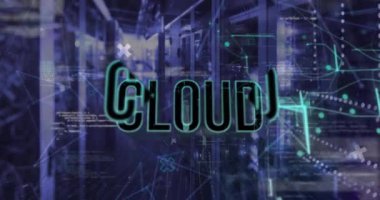 Veri işleme üzerinden bulut metninin animasyonu ve bilgisayar sunucuları üzerinden bağlantılar. Küresel iş, bağlantılar, hesaplama ve veri işleme kavramı dijital olarak oluşturulmuş video.