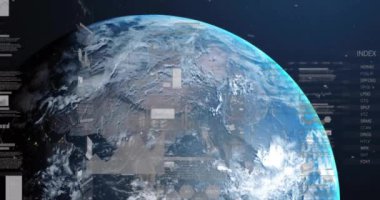 Dünya üzerindeki veri işleme ve diyagramlarının animasyonu. Küresel iş ve dijital arayüz kavramı dijital olarak oluşturulmuş video.