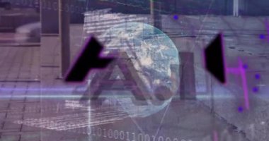 Ai metninin animasyonu, ikili kodlama ve veri işleme sistemi olan dünya. Küresel finans, iş, bağlantılar, bulut hesaplama ve veri işleme kavramı dijital olarak oluşturulmuş video.