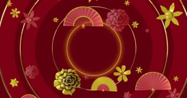 Kırmızı arka planda kopyalama alanı olan Çin desenli animasyon. Çin yeni yılı, şenlik, kutlama ve geleneksel konsept dijital olarak oluşturulmuş video.