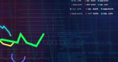 Izgara arkaplanı üzerinden istatistik ve veri işleme animasyonu. Dijital olarak oluşturulmuş küresel bağlantılar, hesaplama ve veri işleme kavramı.