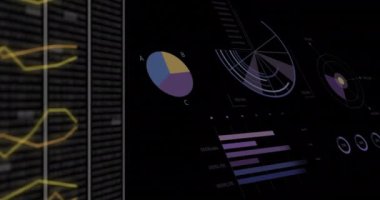 Siyah arkaplanda yeşil bulut simgeleri olan veri işleme ağı ve grafiklerinin animasyonu. Ağ, veri, bulut hesaplama, dijital arayüz ve küresel iletişim, dijital olarak oluşturulmuş video.