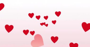 Pembe arka planda kırmızı kalplerin animasyonu. Şekiller, renkler ve arkaplan konsepti dijital olarak oluşturulmuş video.