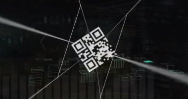 QR kodunun dijital şehir üzerinden animasyonu. İş, teknoloji ve dijital arayüz kavramı dijital olarak oluşturuldu.