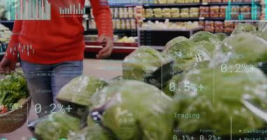 Kafkas kadın bakkal alışverişi üzerine veri işleme animasyonu. Küresel alışveriş, iş, bağlantılar, hesaplama ve veri işleme kavramı dijital olarak oluşturulmuş video.