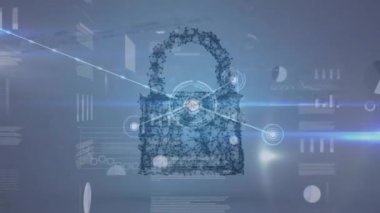 Grafikler ve veri işleme üzerinde ağ ve asma kilit simgesinin canlandırılması. Güvenlik, veri, dijital arayüz, koruma, ağ ve iletişim, dijital olarak oluşturulmuş video.