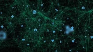 Siyah arkaplandaki tıbbi simgelerle bağlantı ağının animasyonu. Tıp ve dijital arayüz kavramı dijital olarak oluşturulmuş video.