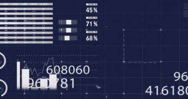 Karanlık arka planda istatistik ve finansal veri işleme animasyonu. Küresel iş, bağlantılar, hesaplama ve veri işleme kavramı dijital olarak oluşturulmuş video.