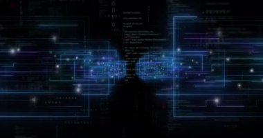 Neon şekiller üzerinde veri işleme animasyonu. Küresel teknoloji ve dijital arayüz konsepti dijital olarak oluşturulmuş video.