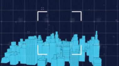 Dijital şehir manzarası üzerindeki taramaların animasyonu. Küresel teknoloji ve dijital arayüz konsepti dijital olarak oluşturulmuş video.
