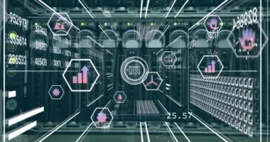 Bilgisayar sunucuları üzerinden finansal veri işleme animasyonu. Küresel finans, iş, bağlantılar, hesaplama ve veri işleme kavramı dijital olarak oluşturulmuş video.