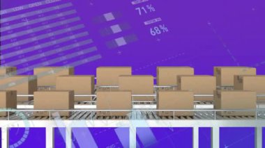 Taşıyıcı bantlardaki karton kutuların üzerinde finansal veri işleme animasyonu. Küresel finans, iş, bağlantılar, hesaplama ve veri işleme kavramı dijital olarak oluşturulmuş video.