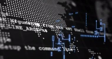 Dünya haritası ve siyah arkaplan üzerinde dijital veri işleme animasyonu. Dijital olarak oluşturulmuş küresel bağlantılar, hesaplama ve veri işleme kavramı.