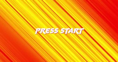 Basın başlangıç metninin kırmızı zemin üzerinde köşegen sarı ışık demetleri üzerinde beyaz harflerle canlandırılması. Retro, dijital arayüz, bağlantı, oyun, veri ve iletişim, dijital olarak oluşturulmuş video.