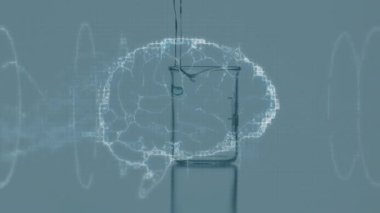 Beyaz zemin üzerinde sıvı bulunan dijital beyin animasyonu. Küresel bilim, bilgisayar ve dijital arayüz kavramı dijital olarak oluşturulmuş video.