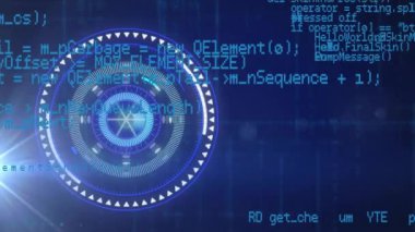 Kapsam ve veri işleme animasyonları karanlık arka planda. Küresel finans, iş, bağlantılar, hesaplama ve veri işleme kavramı dijital olarak oluşturulmuş video.