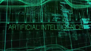 Veri işleme üzerine yapay zeka metninin animasyonu. Küresel teknoloji ve dijital arayüz konsepti dijital olarak oluşturulmuş video.