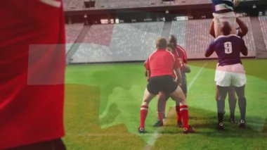 Stadyumdaki çeşitli erkek rugby oyuncuları üzerinde İsviçre bayrağı animasyonu. Küresel spor, bayraklar ve dijital arayüz konsepti dijital olarak oluşturulmuş video.