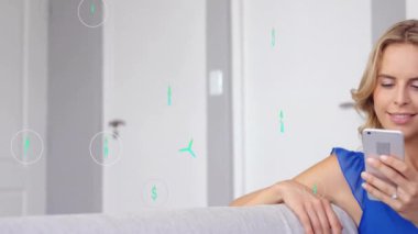Akıllı telefon kullanan beyaz kadının ekoloji ikonlarının animasyonu. İş, teknoloji ve dijital arayüz kavramı dijital olarak oluşturuldu.