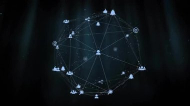 Siyah arka plandaki ışık izlerinin üzerinde sosyal medya simgeleriyle olan bağlantıların küreselleşmesi. Dijital olarak oluşturulmuş küresel bağlantılar, sosyal medya ve dijital arayüz kavramı.