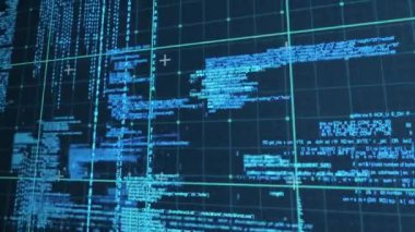 Mavi arkaplanda veri işleme animasyonu. küresel teknoloji ve dijital arayüz kavramı dijital olarak oluşturulmuş video.