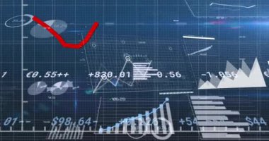 Şebeke ve karanlık arka planda finansal veri işleme animasyonu. Küresel finans, iş, bağlantılar, hesaplama ve veri işleme kavramı dijital olarak oluşturulmuş video.