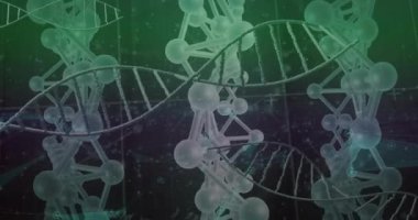 Veri işleme üzerindeki DNA iplikçiklerinin animasyonu. Küresel teknoloji ve dijital arayüz konsepti dijital olarak oluşturulmuş video.
