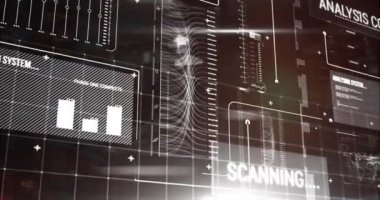 Siyah arkaplan üzerindeki veri işleme ve diyagramlarının animasyonu. Küresel iş ve dijital arayüz kavramı dijital olarak oluşturulmuş video.