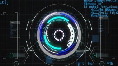 Siyah arkaplan üzerinden tarama ve veri işleme animasyonu. Dijital olarak oluşturulmuş küresel bağlantılar, hesaplama ve veri işleme kavramı.