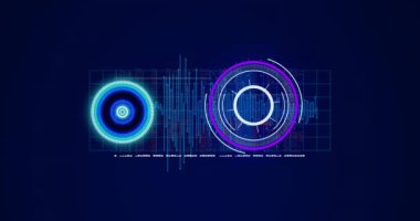 Diyagram üzerinde tarama yapan dürbünlerin animasyonu. Küresel teknoloji ve dijital arayüz konsepti dijital olarak oluşturulmuş video.