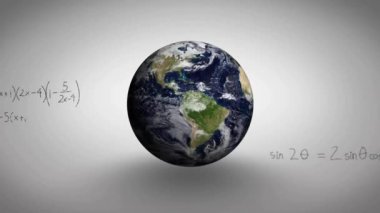 Matematiksel veri işleme animasyonu beyaz arka planda dünya üzerinde. Küresel bilim, bağlantılar, hesaplama ve veri işleme kavramı dijital olarak oluşturulmuş video.