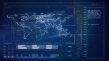 Diyagramlar üzerinden veri işleme ve dünya haritasının animasyonu. Küresel iş ve dijital arayüz kavramı dijital olarak oluşturulmuş video.