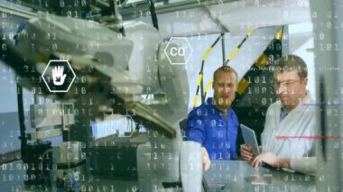 Robotlu beyaz erkek bilim adamları üzerinde ekoloji ikonlarıyla ikili kodlama animasyonu. Küresel bilim ve dijital arayüz kavramı dijital olarak oluşturulmuş video.