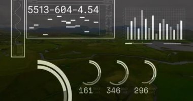 Animation of data processing over landscape. Global technology, computing and digital interface concept digitally generated video.