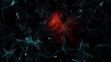 Siyah arkaplanda hareket eden üçgenlerin ve kırmızı şekillerin animasyonu. Soyut arkaplan ve şablon kavramı dijital olarak oluşturuldu.